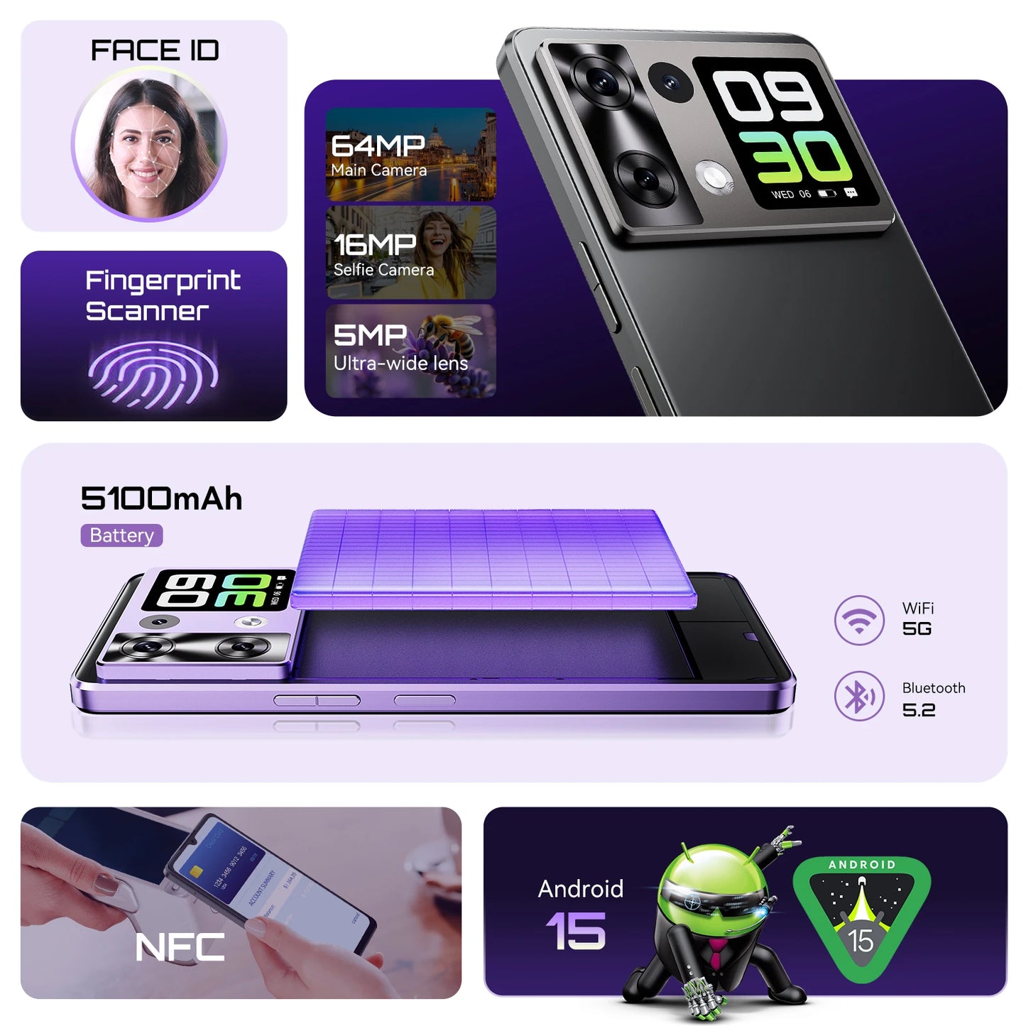 Cubot P90 Smartphone Android 15 | 6.88" 120Hz Display | 24GB RAM + 256GB ROM | G100 Octa-Core 2.2GHz | 64MP AI Camera | 5100mAh | NFC | 4G LTE Mobile Phone