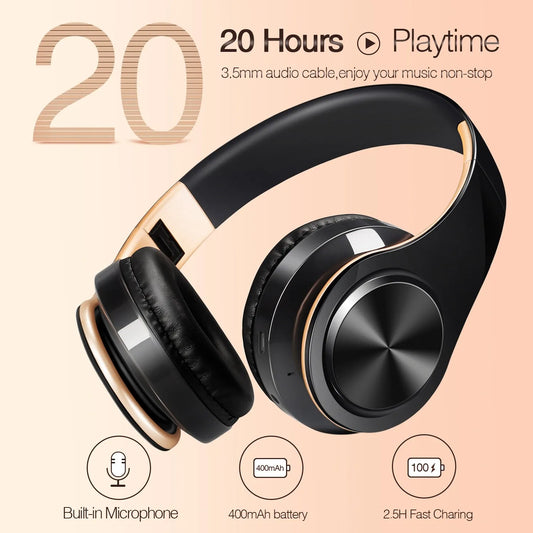 Gold Wireless Bluetooth Headphones | Stereo Earphones with Built-in Mic for Android & iOS