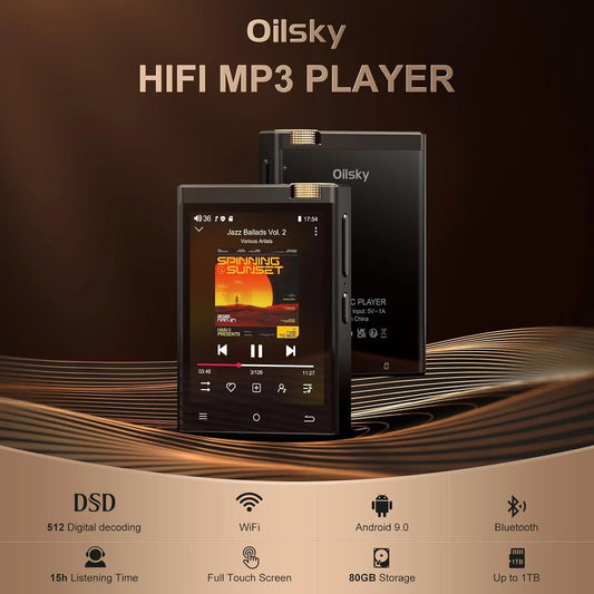Oilsky Hi-Fi MP3 Player with Bluetooth & WiFi | Lossless DSD High-Resolution Audio Player with 64GB Memory Card (Expandable to 1TB)