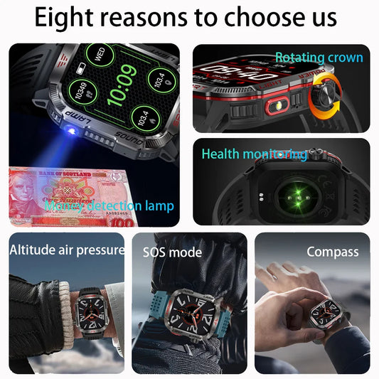 Military GPS Smartwatch for Men | Waterproof Outdoor Sport Tracker with Flashlight, Compass & Bluetooth Call