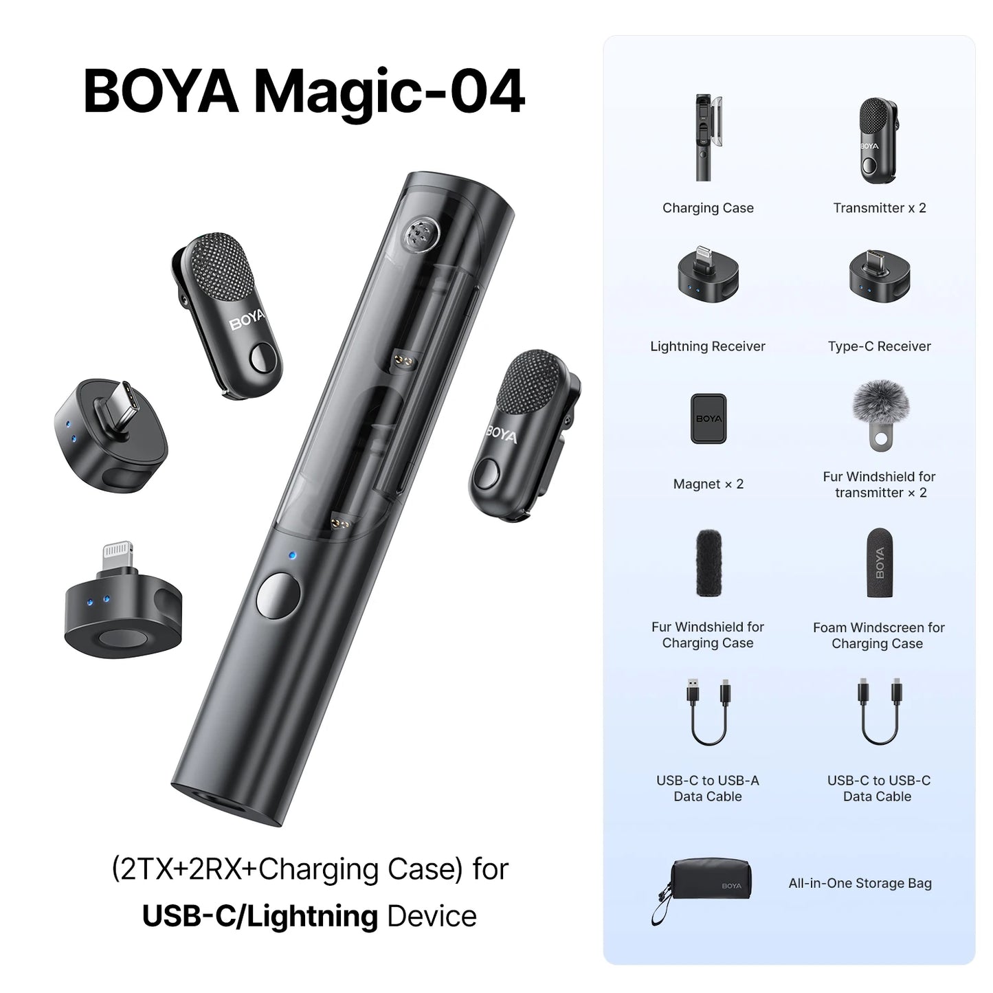 BOYA Magic 4-in-1 Wireless Lavalier Microphone | Universal Mic for iPhone, Android, USB-C & Camera Recording