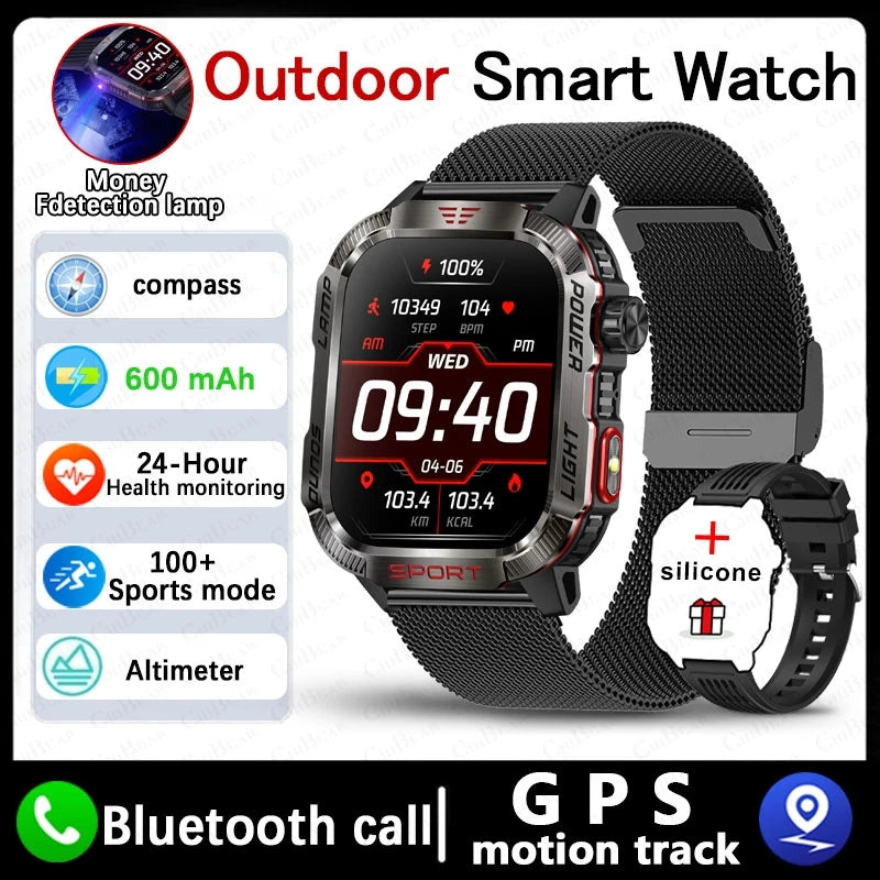 Military GPS Smartwatch for Men | Waterproof Outdoor Sport Tracker with Flashlight, Compass & Bluetooth Call