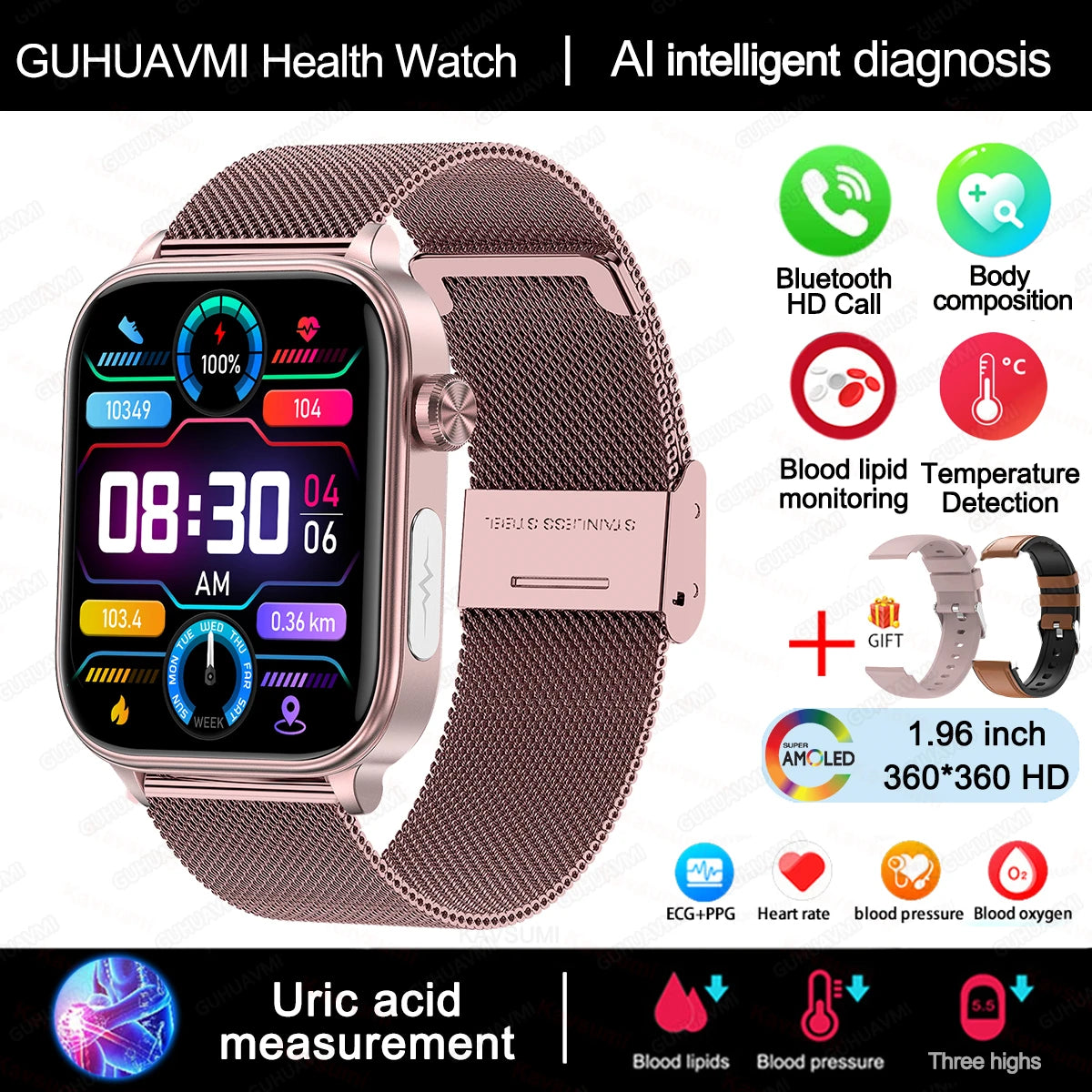 AI Diagnostic Smart Health Watch for Women 2025 | Blood Lipid, Uric Acid & Body Composition Tracker