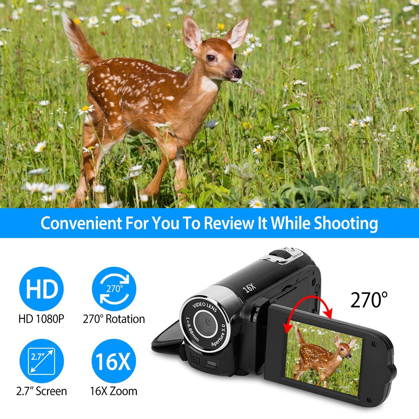 HD 1080P Digital Video Camcorder | 2.7" Screen, 16X Zoom, 270° Rotating Kid Camera with Fill Light & Rechargeable Battery (Black-Red)