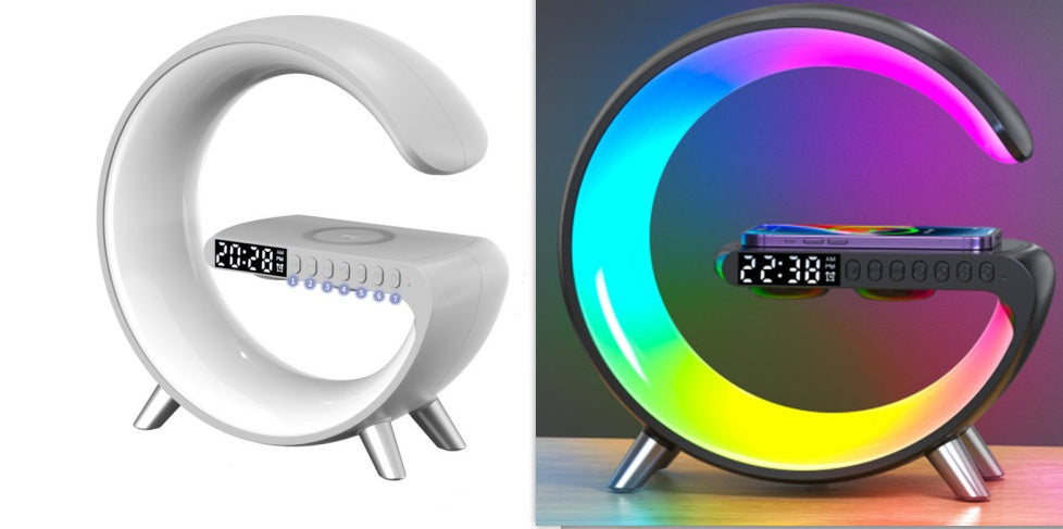 Intelligent G-Shaped LED Lamp | Bluetooth Speaker with Wireless Charger & App Control Atmosphere Light for Bedroom & Home Décor