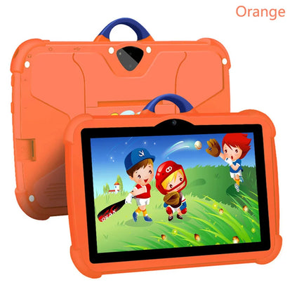 Orange tablet case with cartoon design on a white background