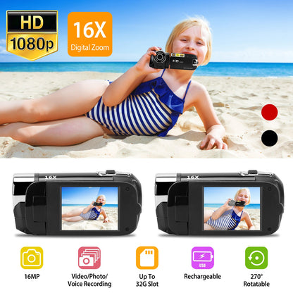 HD 1080P Digital Video Camcorder | 2.7" Screen, 16X Zoom, 270° Rotating Kid Camera with Fill Light & Rechargeable Battery (Black-Red)