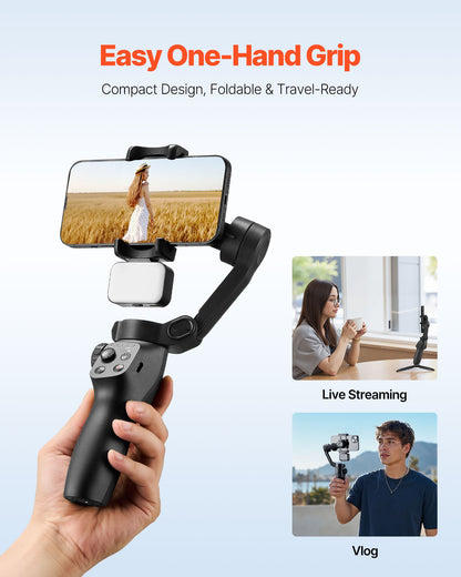 3-Axis Phone Gimbal Stabilizer with LED Fill Light | Handheld Smartphone Stabilizer for iPhone & Android Video Recording