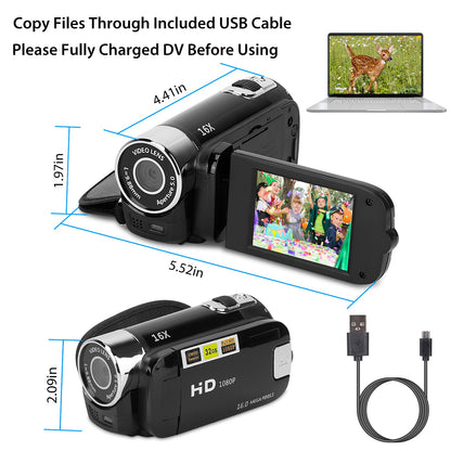 HD 1080P Digital Video Camcorder | 2.7" Screen, 16X Zoom, 270° Rotating Kid Camera with Fill Light & Rechargeable Battery (Black-Red)