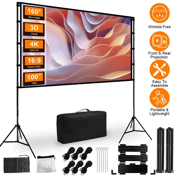 100"/120" Projector Screen with Stand | 16:9 4K HD Foldable Portable Movie Screen with Carry Bag