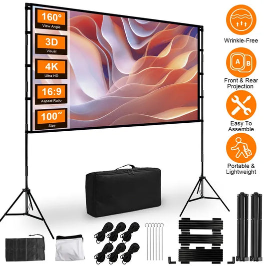100"/120" Projector Screen with Stand | 16:9 4K HD Foldable Portable Movie Screen with Carry Bag