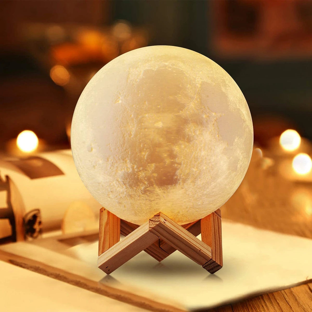 Moon lamp on a stand with a blurred background