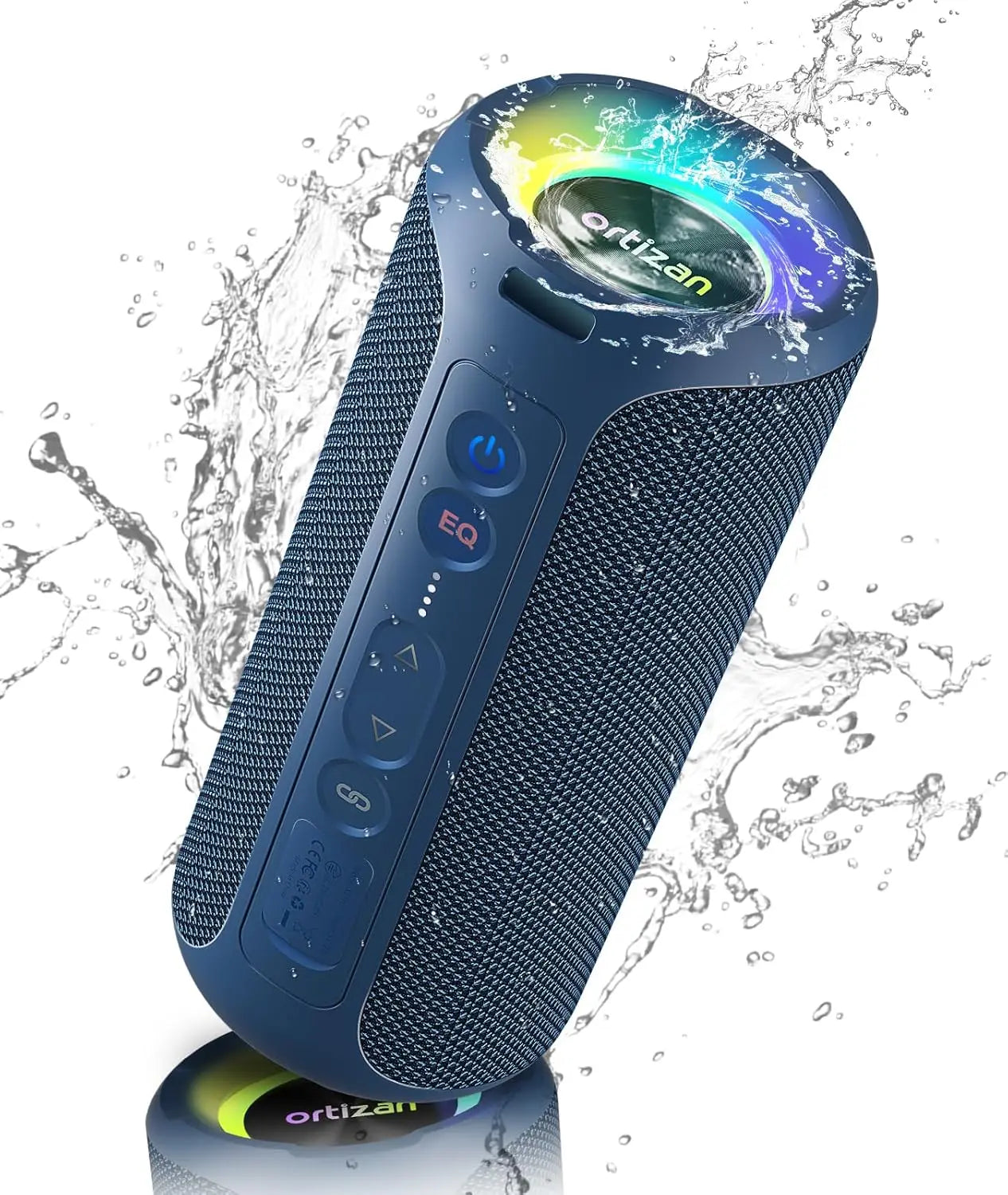 Blue portable speaker with colorful LED lights on a white background