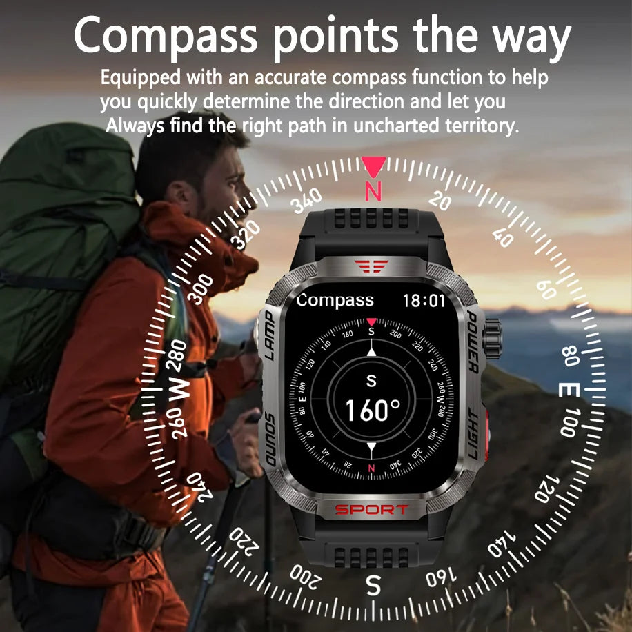 Military GPS Smartwatch for Men | Waterproof Outdoor Sport Tracker with Flashlight, Compass & Bluetooth Call