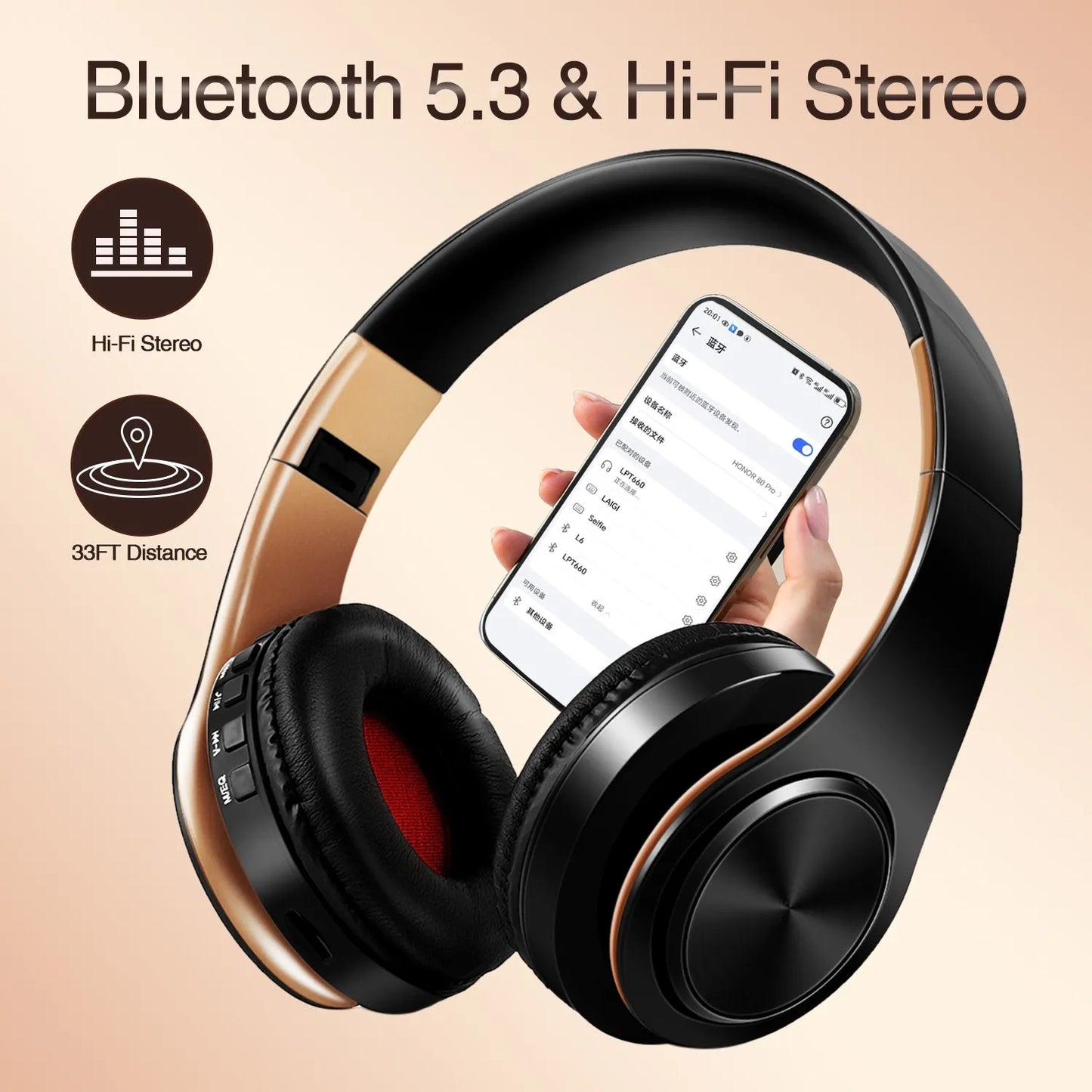 Gold Wireless Bluetooth Headphones | Stereo Earphones with Built-in Mic for Android & iOS