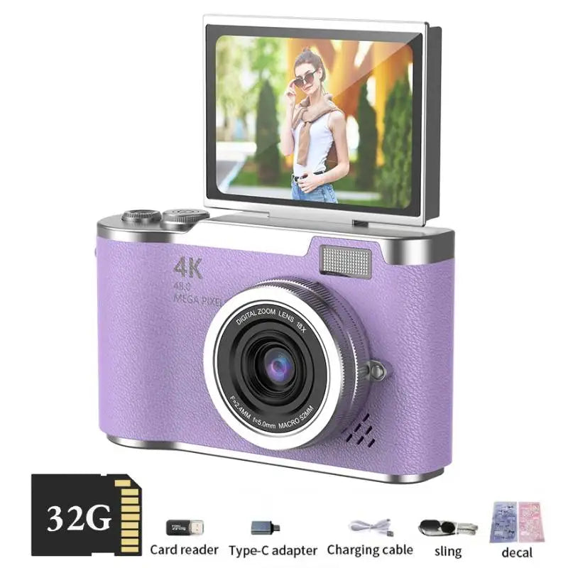 4K Digital Selfie Camera | 48MP CCD Flip Screen Camera with 8X Zoom & 32GB Card