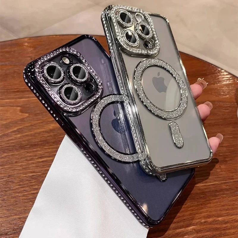 Glitter Diamond Transparent iPhone Case | Magnetic Wireless Charging Bumper Cover for iPhone 12–17 Pro Max & 16 Plus