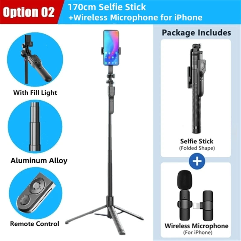 FANGTUOSI 1750mm Wireless Selfie Stick Tripod | Foldable Monopod with LED Light for Smartphones & Steady Live Shooting