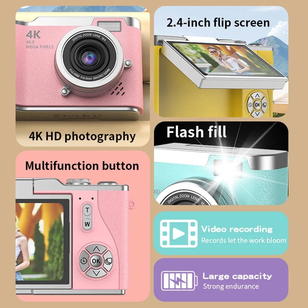 4K Digital Selfie Camera | 48MP CCD Flip Screen Camera with 8X Zoom & 32GB Card