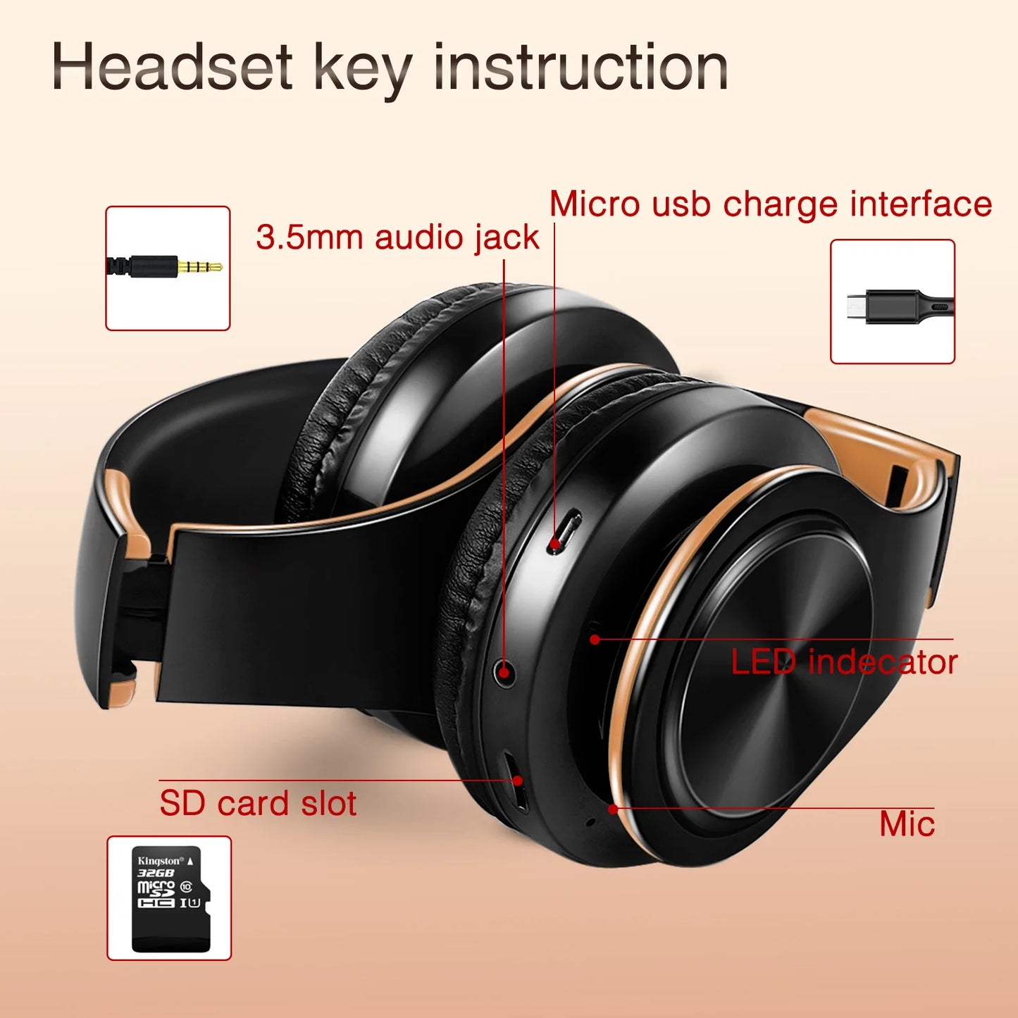 Gold Wireless Bluetooth Headphones | Stereo Earphones with Built-in Mic for Android & iOS