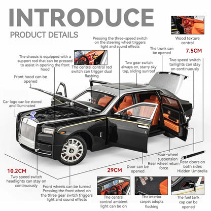 1:18 Rolls-Royce Phantom Diecast Model Car | Zinc Alloy Pull-Back Toy with Sound & Light | Realistic Luxury Car Collectible