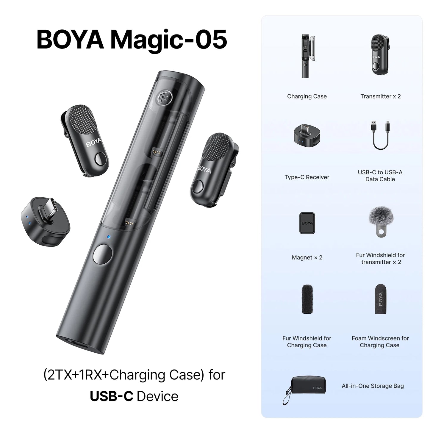 BOYA Magic 4-in-1 Wireless Lavalier Microphone | Universal Mic for iPhone, Android, USB-C & Camera Recording