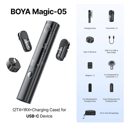 BOYA Magic 4-in-1 Wireless Lavalier Microphone | Universal Mic for iPhone, Android, USB-C & Camera Recording
