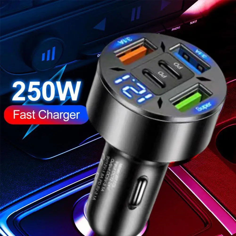 250W 5-Port Car Charger | Fast Charging PD & QC3.0 USB-C Adapter for iPhone & Smartphones