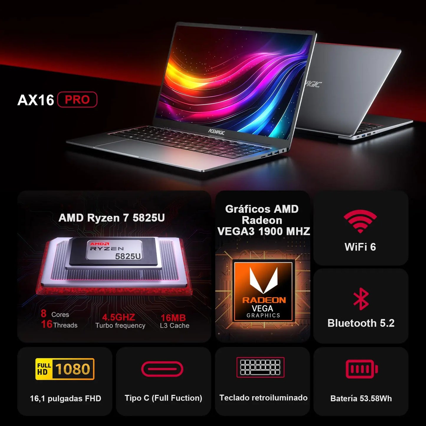 ACEMAGIC Gaming Laptop | AMD Ryzen 7 5700U, 16GB RAM, 512GB NVMe SSD, 16.1" FHD, Backlit Keyboard