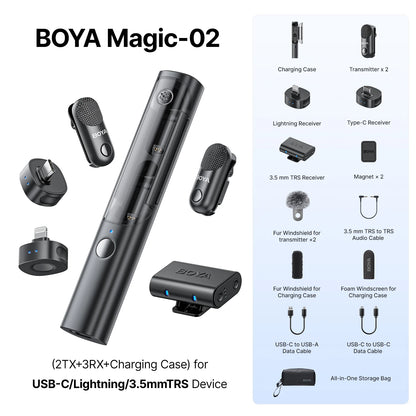 BOYA Magic 4-in-1 Wireless Lavalier Microphone | Universal Mic for iPhone, Android, USB-C & Camera Recording