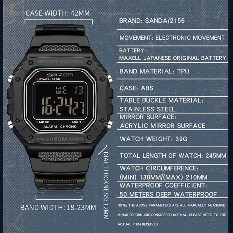 SANDA 2156 Men’s Military Watch | Sport LED Digital Wristwatch with Big Dial & Water Resistance