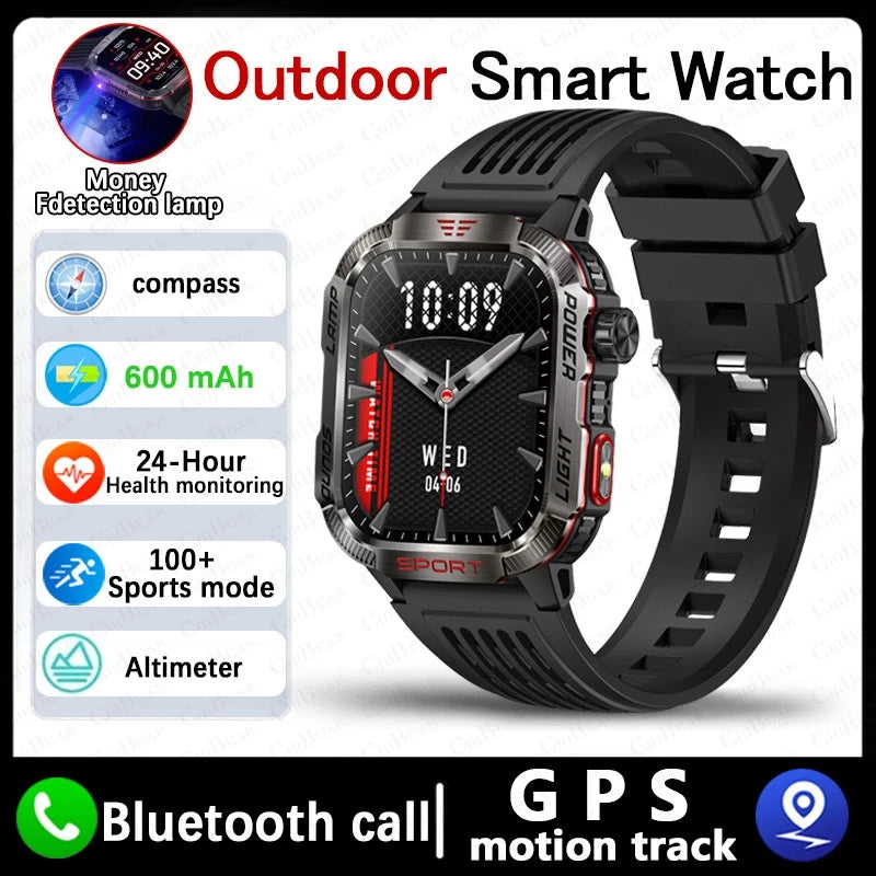 Military GPS Smartwatch for Men | Waterproof Outdoor Sport Tracker with Flashlight, Compass & Bluetooth Call
