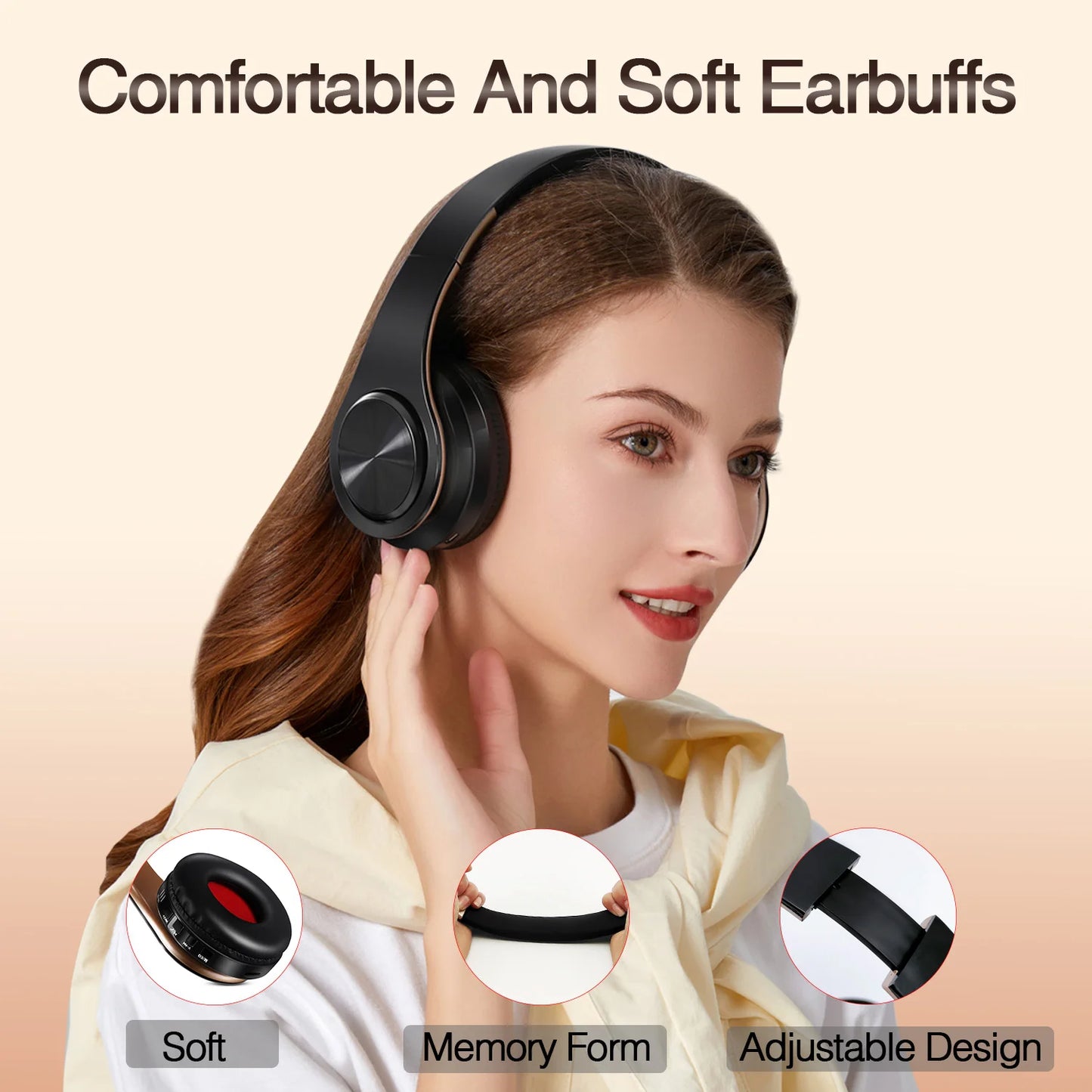 Gold Wireless Bluetooth Headphones | Stereo Earphones with Built-in Mic for Android & iOS