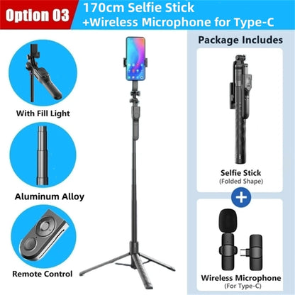 FANGTUOSI 1750mm Wireless Selfie Stick Tripod | Foldable Monopod with LED Light for Smartphones & Steady Live Shooting