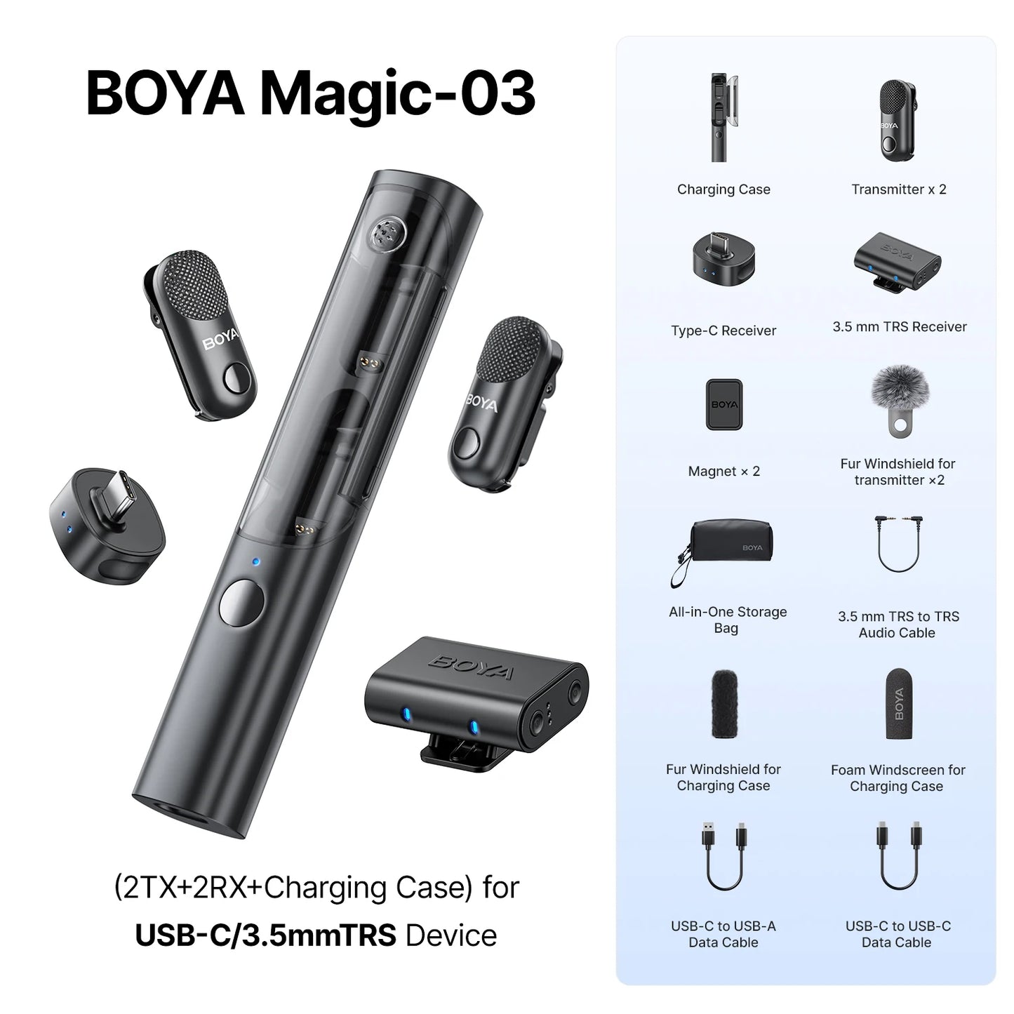 BOYA Magic 4-in-1 Wireless Lavalier Microphone | Universal Mic for iPhone, Android, USB-C & Camera Recording