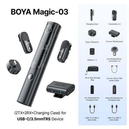 BOYA Magic 4-in-1 Wireless Lavalier Microphone | Universal Mic for iPhone, Android, USB-C & Camera Recording