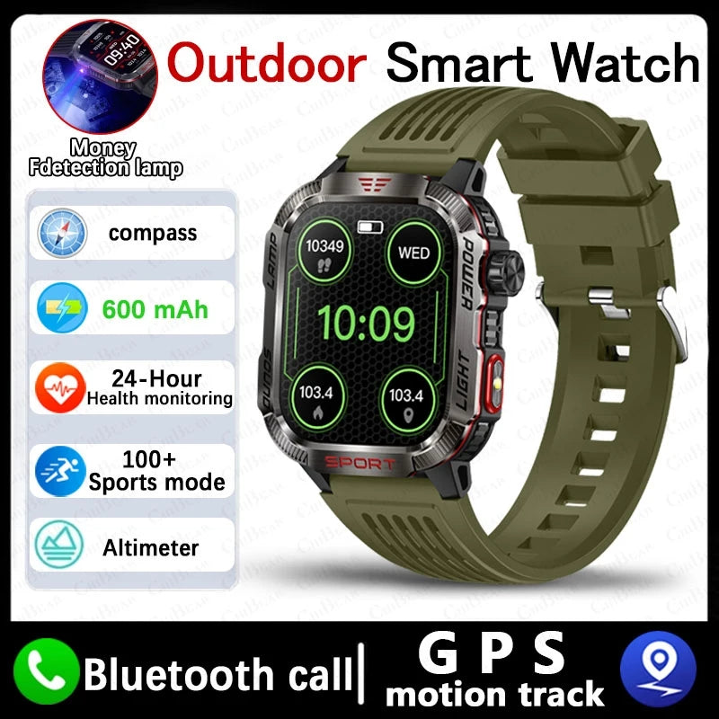 Military GPS Smartwatch for Men | Waterproof Outdoor Sport Tracker with Flashlight, Compass & Bluetooth Call