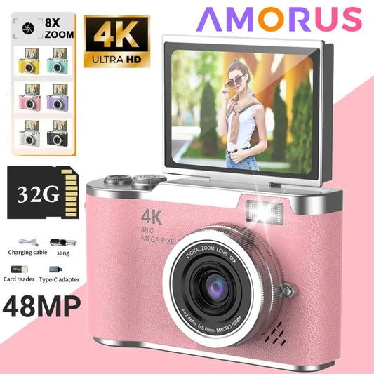 4K Digital Selfie Camera | 48MP CCD Flip Screen Camera with 8X Zoom & 32GB Card