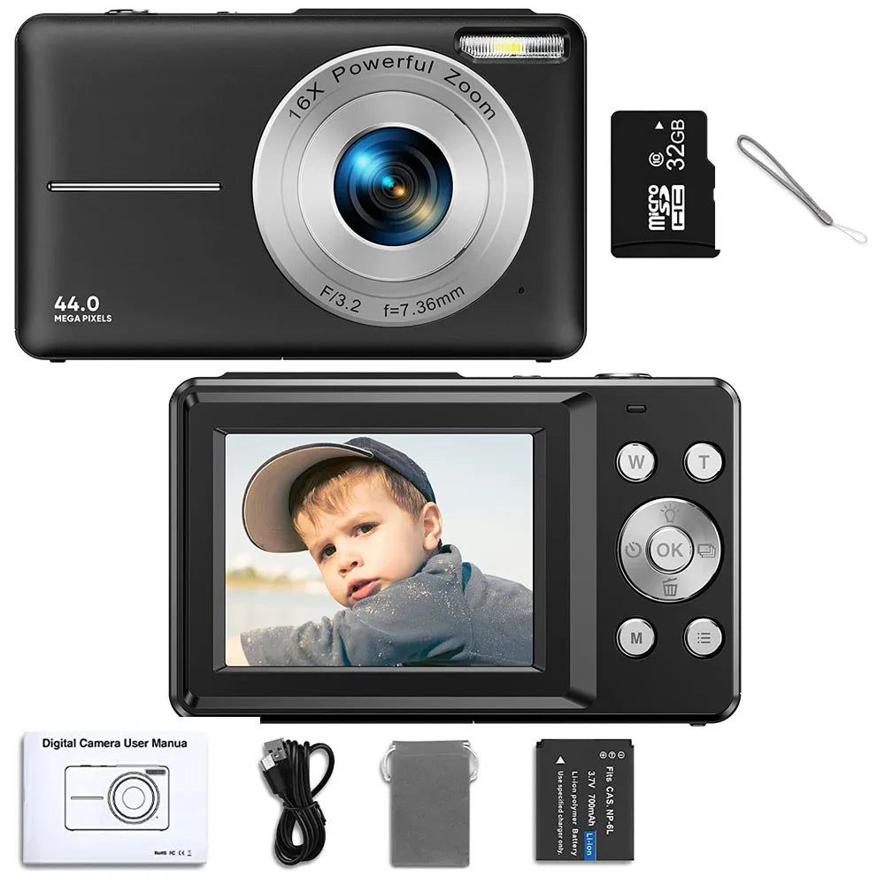 Digital Camera for Kids | 44MP Compact Camcorder with 16x Zoom & 1080P HD Video – Beginner Photography Camera