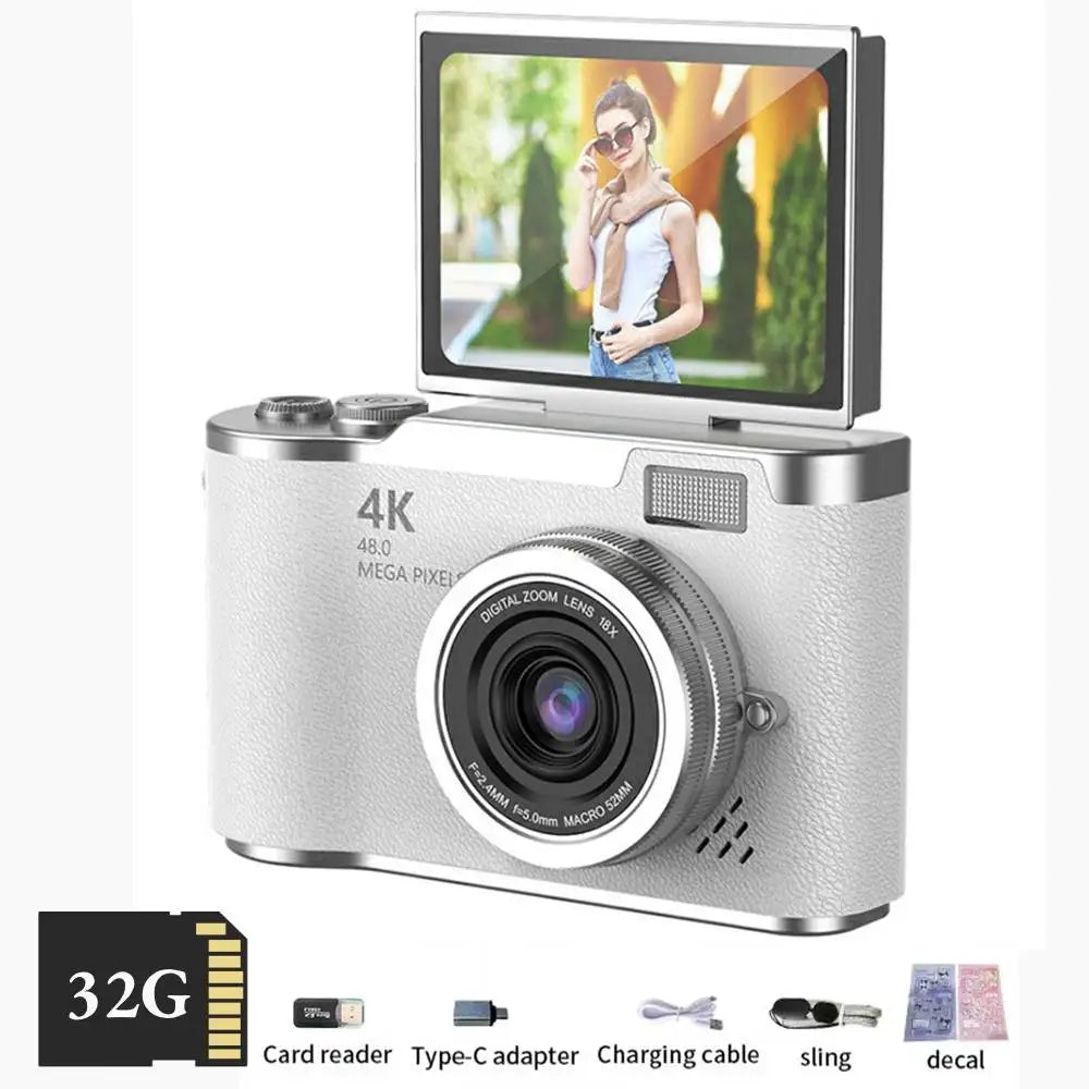 4K Digital Selfie Camera | 48MP CCD Flip Screen Camera with 8X Zoom & 32GB Card