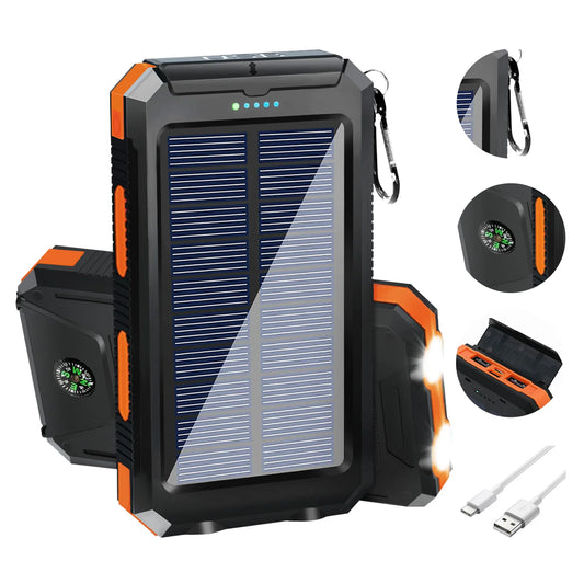 20000mAh Solar Power Bank | Portable Waterproof Charger with Dual USB & LED Flashlight for iPhone & Cell Phones