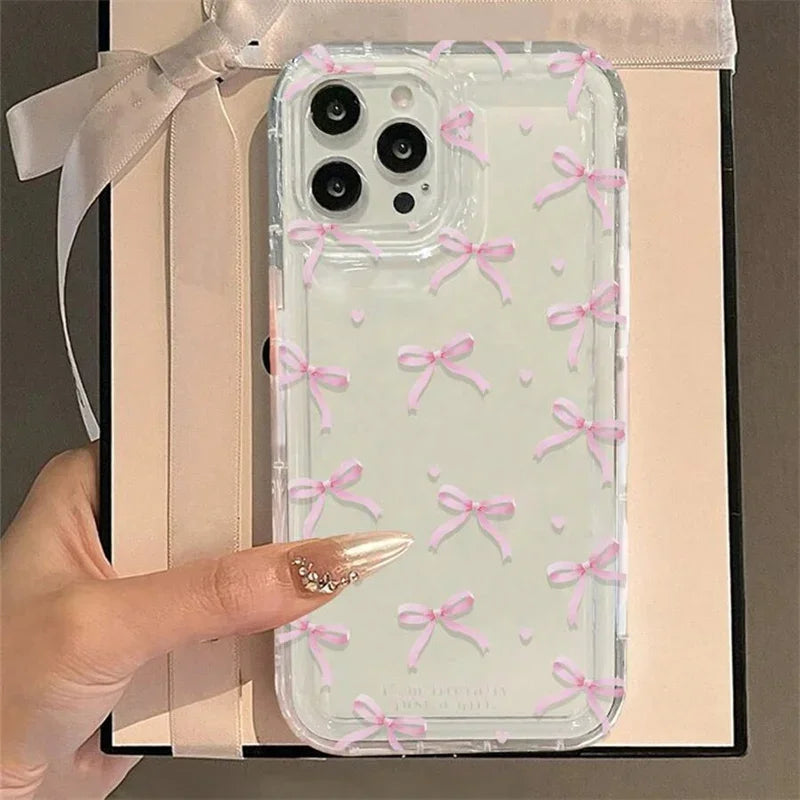 Cute Pink Heart Bow iPhone Case | Shockproof Soft Clear Cover for iPhone 11–17, Mini & Pro Max