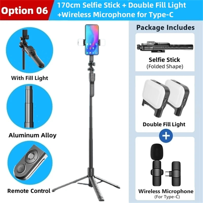 FANGTUOSI 1750mm Wireless Selfie Stick Tripod | Foldable Monopod with LED Light for Smartphones & Steady Live Shooting