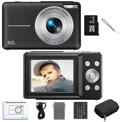 Digital Camera for Kids | 44MP Compact Camcorder with 16x Zoom & 1080P HD Video – Beginner Photography Camera