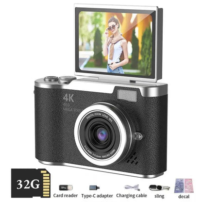 4K Digital Selfie Camera | 48MP CCD Flip Screen Camera with 8X Zoom & 32GB Card