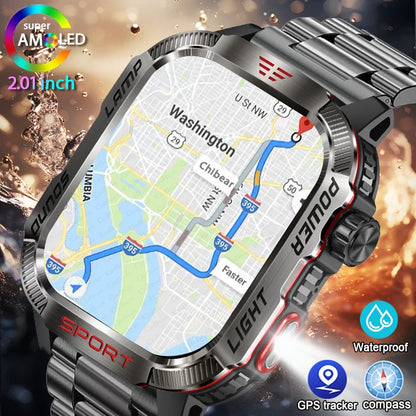 Military GPS Smartwatch for Men | Waterproof Outdoor Sport Tracker with Flashlight, Compass & Bluetooth Call