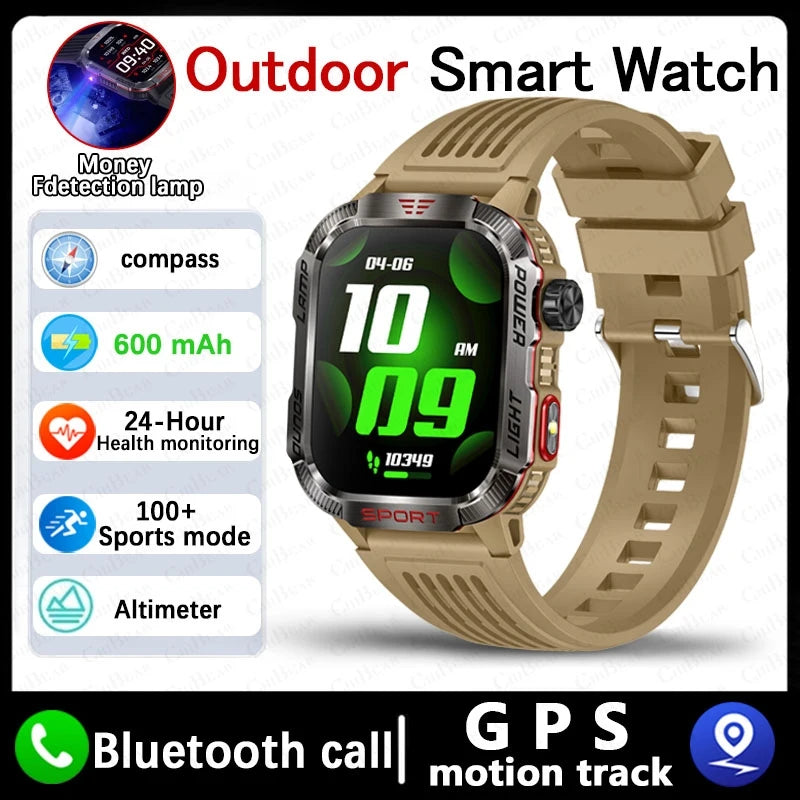 Military GPS Smartwatch for Men | Waterproof Outdoor Sport Tracker with Flashlight, Compass & Bluetooth Call