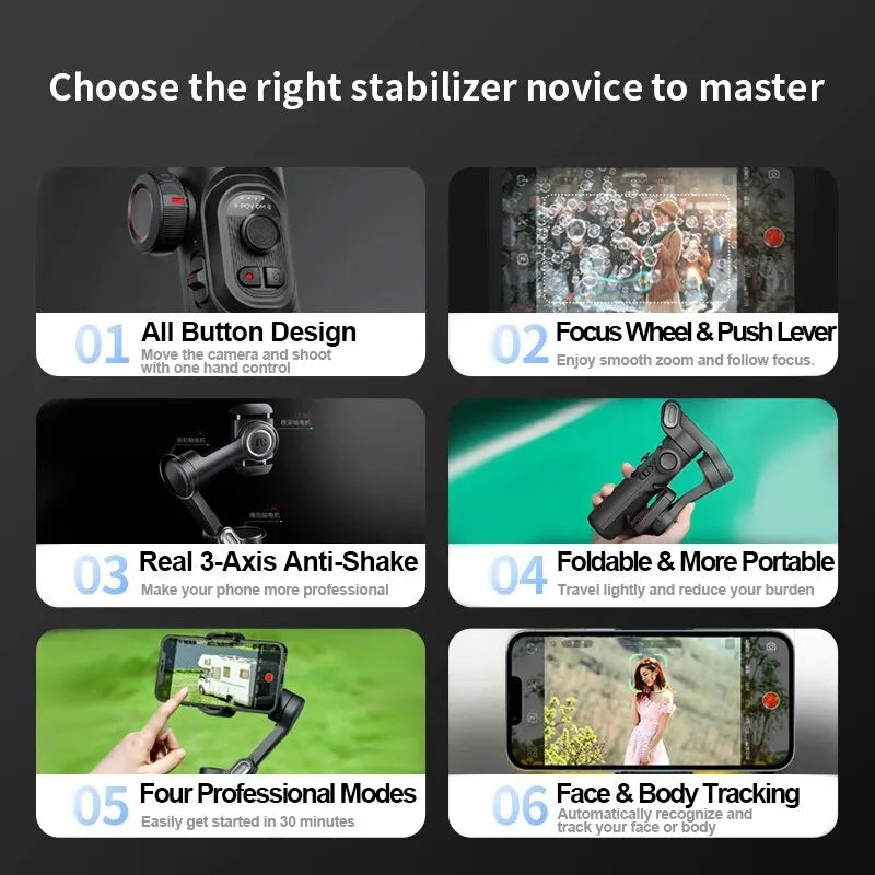 AOCHUAN SmartXE 3-Axis Handheld Gimbal Stabilizer for iPhone & Android | AI Face Tracking Vlog Gimbal for TikTok & YouTube
