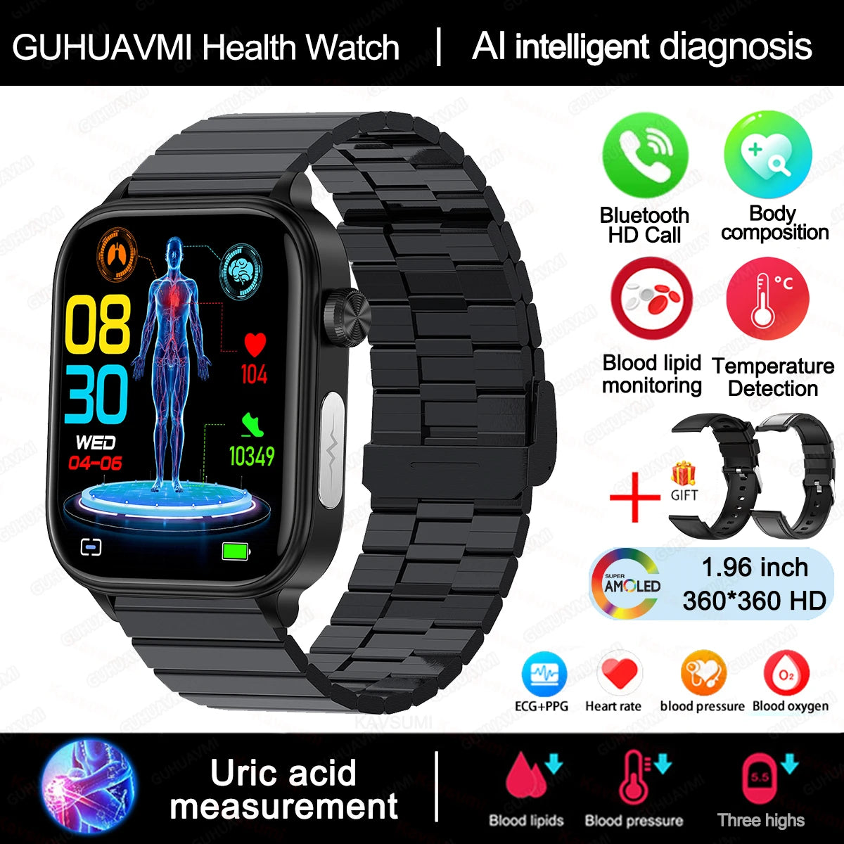 AI Diagnostic Smart Health Watch for Women 2025 | Blood Lipid, Uric Acid & Body Composition Tracker