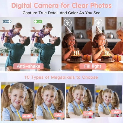 Digital Camera for Kids | 44MP Compact Camcorder with 16x Zoom & 1080P HD Video – Beginner Photography Camera